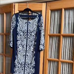 Laundry By Shelli Segal Navy and White 3/4 Sleeve Dress